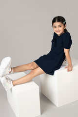 Navy Blue String Neckline Puff Sleeve Midi Dress For Girls