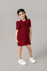Maroon String Neckline Puff Sleeve Midi Dress For Girls