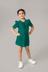Pine Green String Neckline Puff Sleeve Midi Dress For Girls