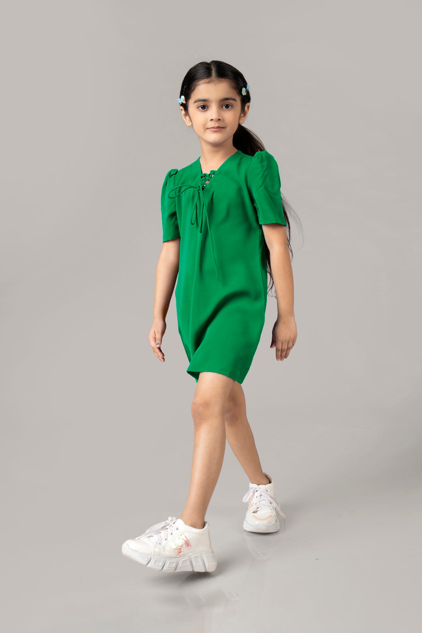 Green String Neckline Puff Sleeve Midi Dress For Girls