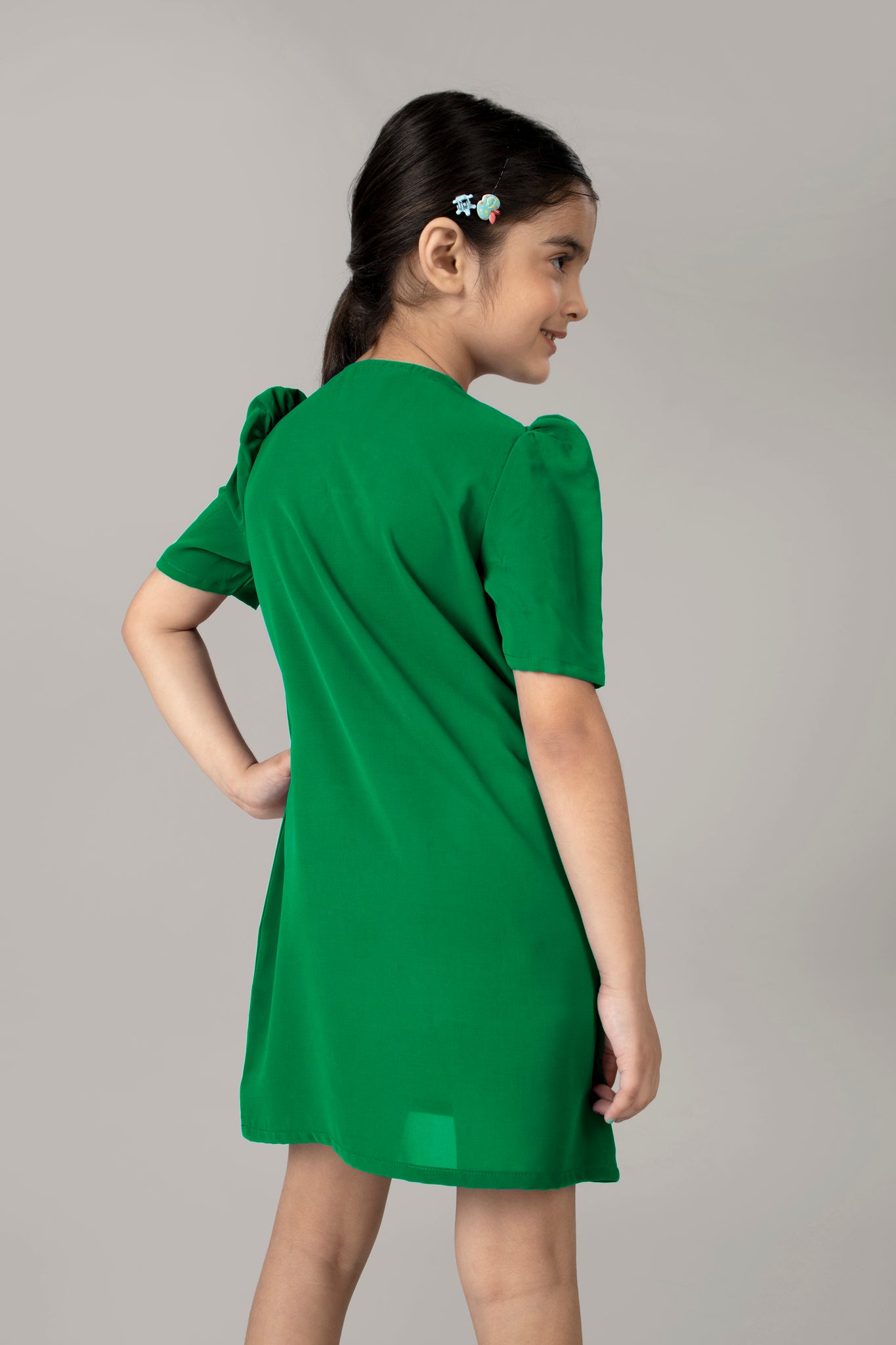 Green String Neckline Puff Sleeve Midi Dress For Girls