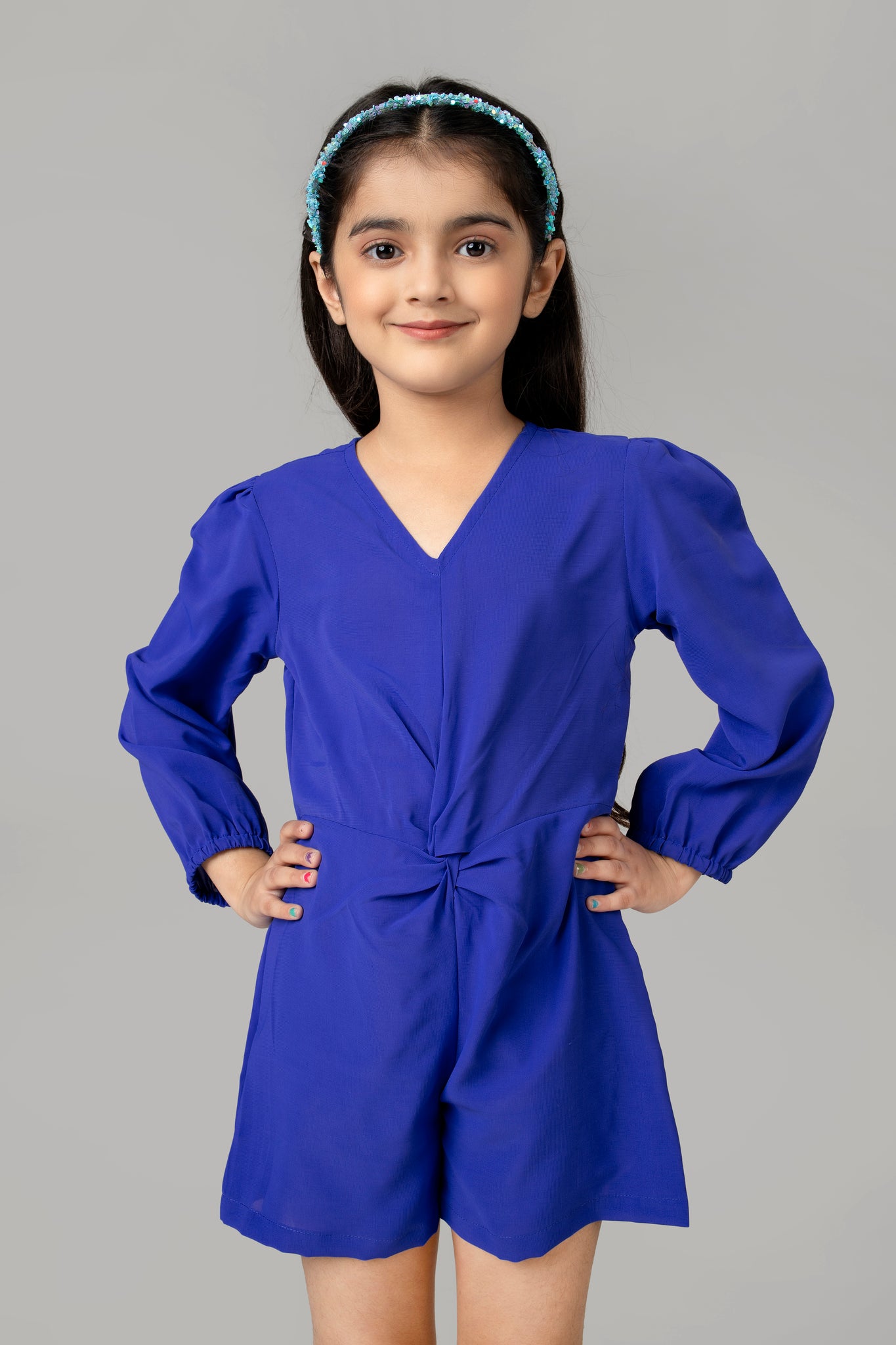 Blue Front Knot Jumpsuit For Girls