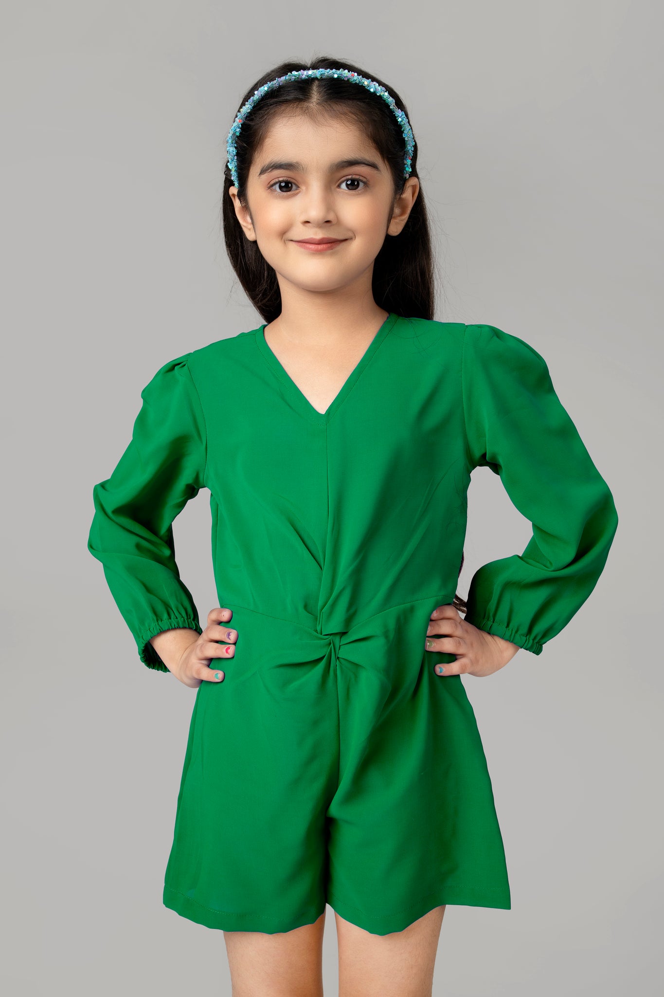 Green Front Knot Jumpsuit For Girls
