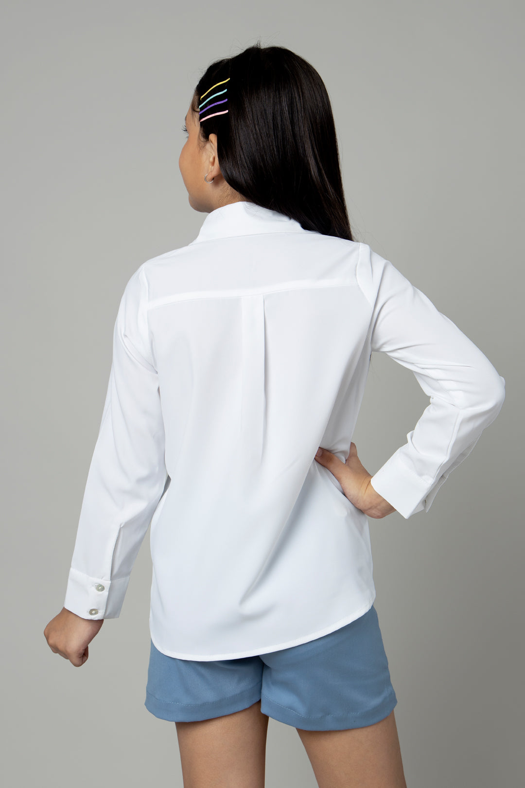 Plain White Spread Collar Casual Shirt For Girls
