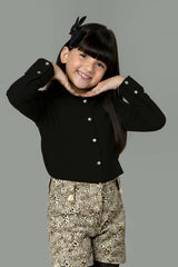 Plain Black Spread Collar Casual Shirt For Girls