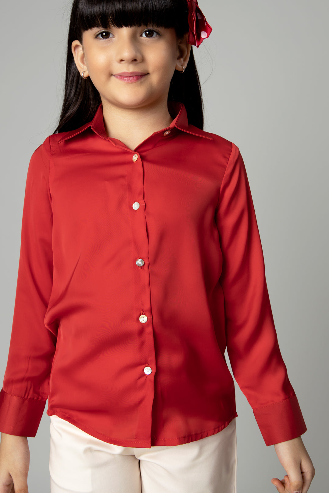 Plain Red Spread Collar Casual Shirt For Girls