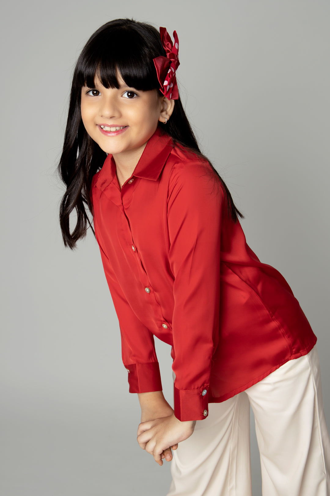 Plain Red Spread Collar Casual Shirt For Girls