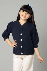 Puff Sleeve Solid Button Top For Girls