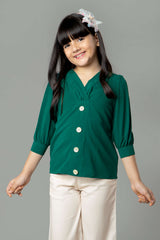 Puff Sleeve Solid Button Top For Girls