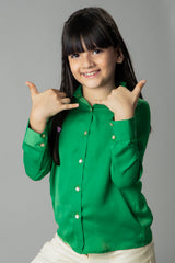 Plain Green Spread Collar Casual Shirt For Girls