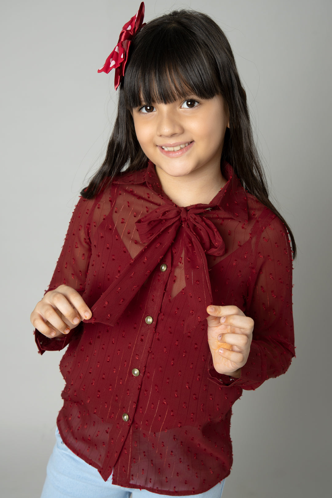 Tie-up Neck Spread Collar Shirt For Girls