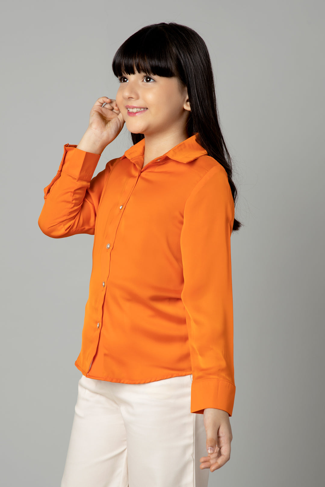 Plain Orange Spread Collar Casual Shirt For Girls