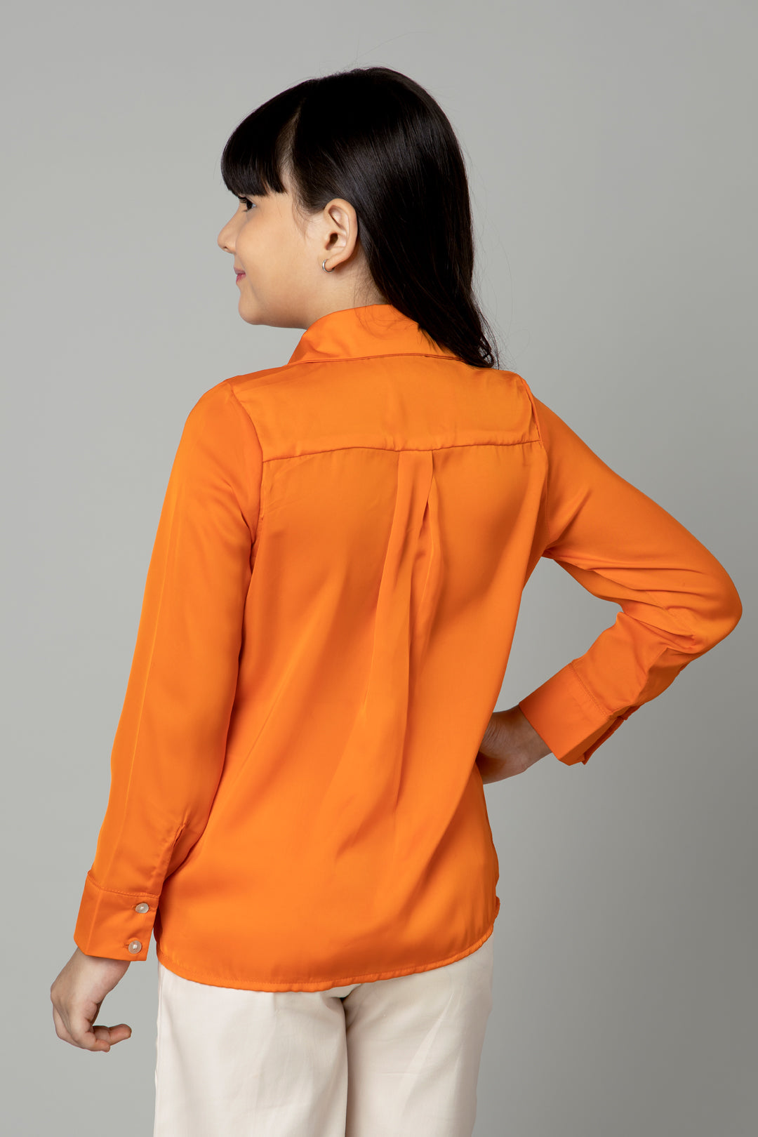 Plain Orange Spread Collar Casual Shirt For Girls –
