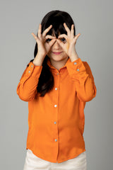 Plain Orange Spread Collar Casual Shirt For Girls