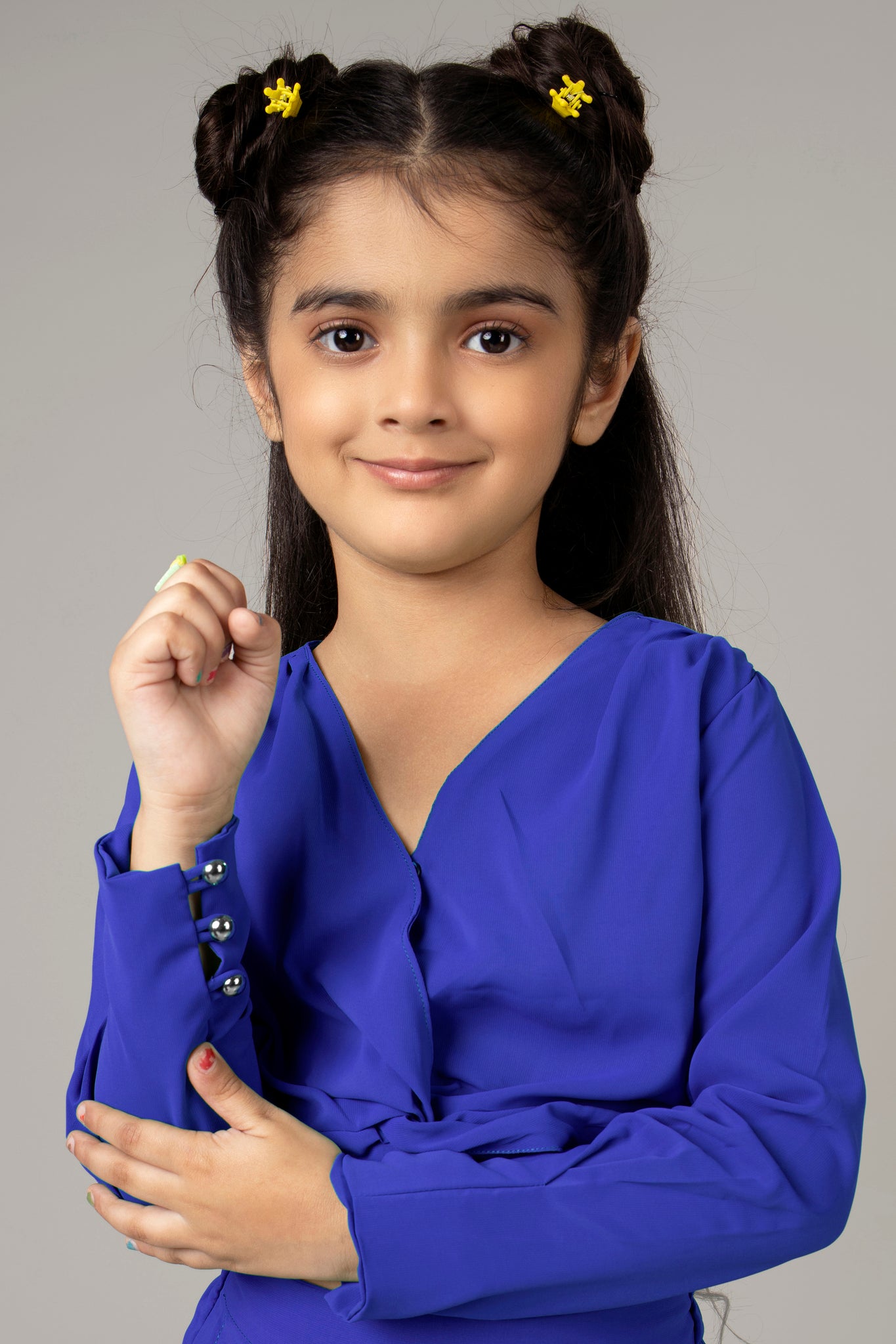 Royal Blue Solid Cropped Twisted Knot Top For Girls