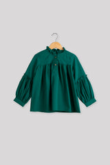 Green Ruffle Round Neck Full Sleeve Top Girls