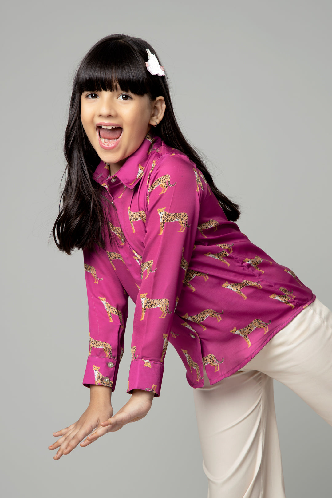 Fuchsia Leopard Print Shirt For Girls