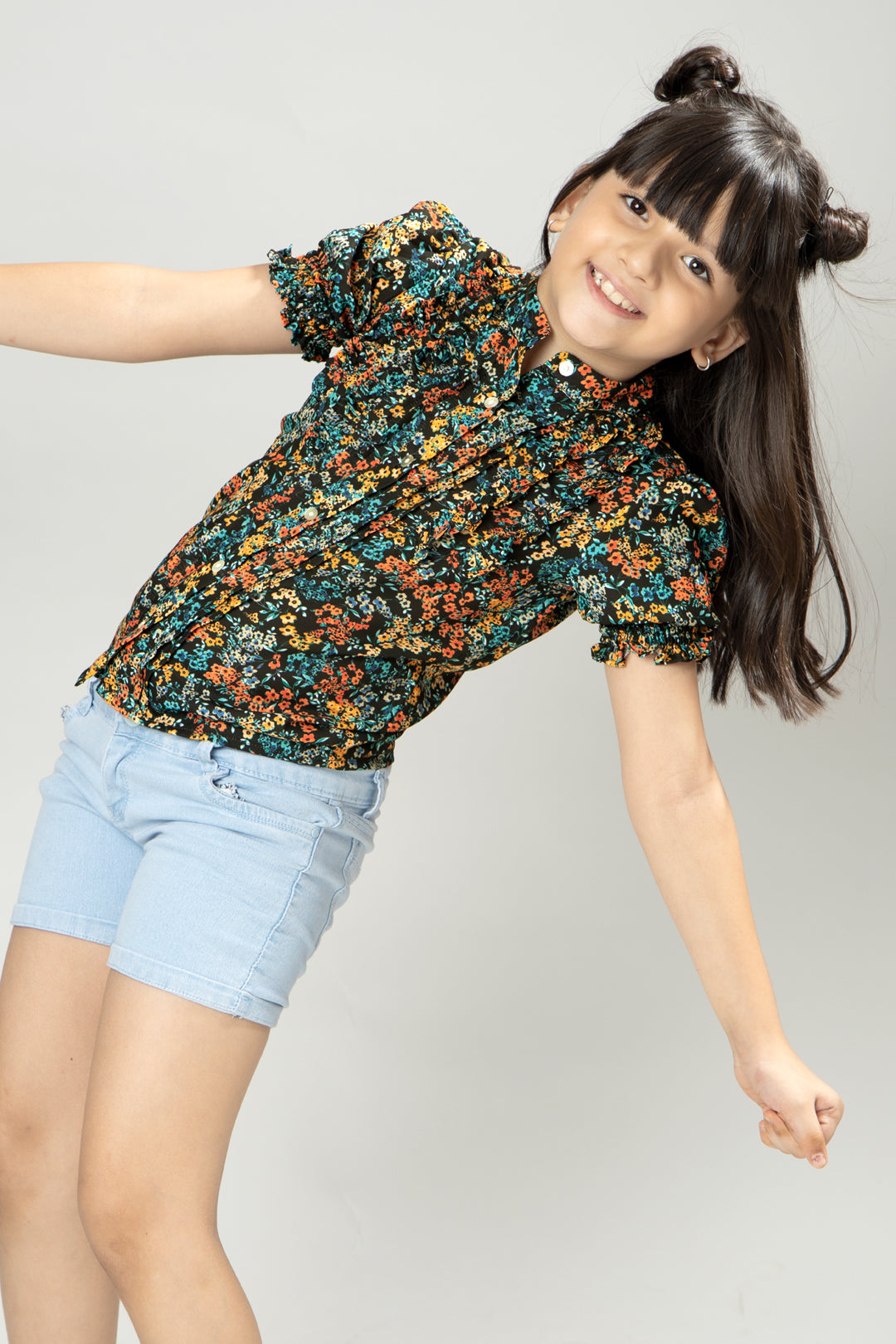 Floral Smocked Puff Sleeve Ruffle Shirt For Girls