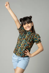 Floral Smocked Puff Sleeve Ruffle Shirt For Girls