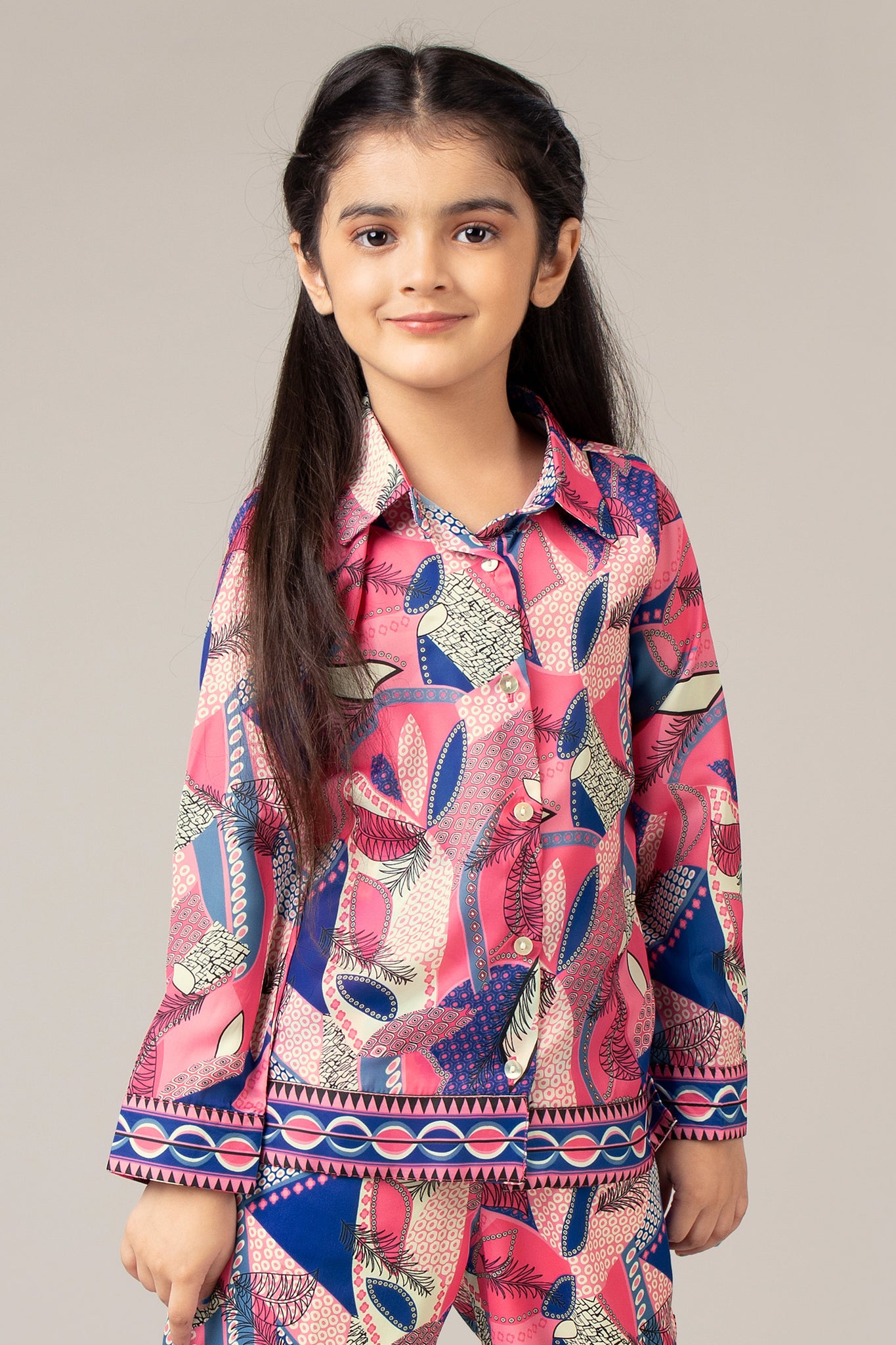 Pink Abstract Collar Neck Shirt For Girls