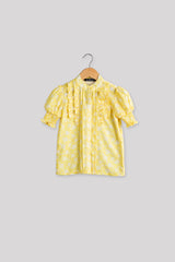 Smocked Cuff Sleeve Ruffle Work Top For Girls