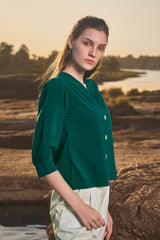 Green Front Button Puff Sleeve Stylish Top