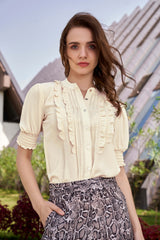 Cream Smocked Puff Sleeve Ruffle Work Top