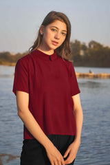 Maroon Styled High Neck Back Button Top
