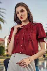 Maroon Smocked Puff Sleeve Ruffle Work Top