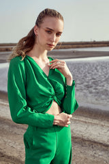 Green Soild Cropped Twisted Knot Top