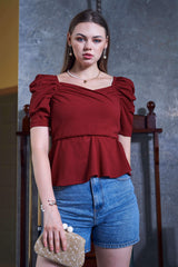 Maroon Puff Sleeve Elasticted Waist Peplum Top