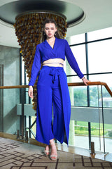 Royal Blue Collar Neck Flared Bottom Co-ord Set For Girls
