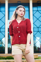 Maroon Front Button Shoulder Detail Top