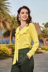 Lemon Yellow V Neck Ruffle Knot Top