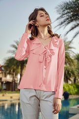 Millennial Pink V Neck Ruffle Knot Top