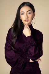 Wine High Neck Flounce Sleeve Velvet Top For Women