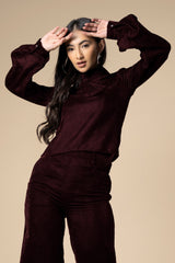 Maroon High Neck Flounce Sleeve Velvet  Top For Women