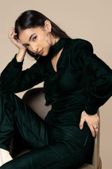 Dark Green Choker Neck Velvet Top For Women