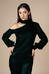 Dark Green Off Shoulder Velvet Top For Women