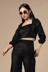 Black Square Neck Velvet  Crop Top For Women