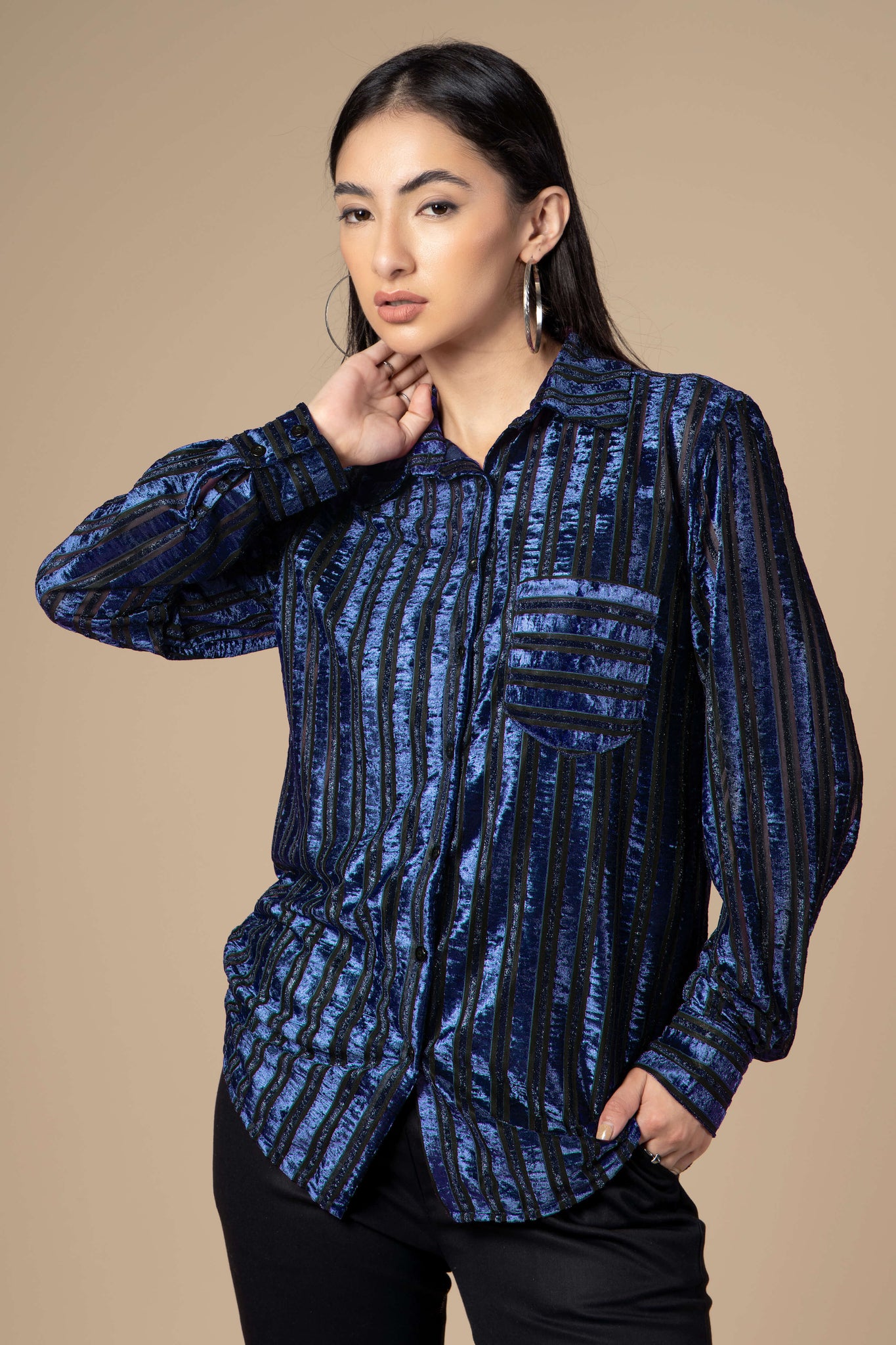Notched Collar Imported Velvet Shirt for Ladies