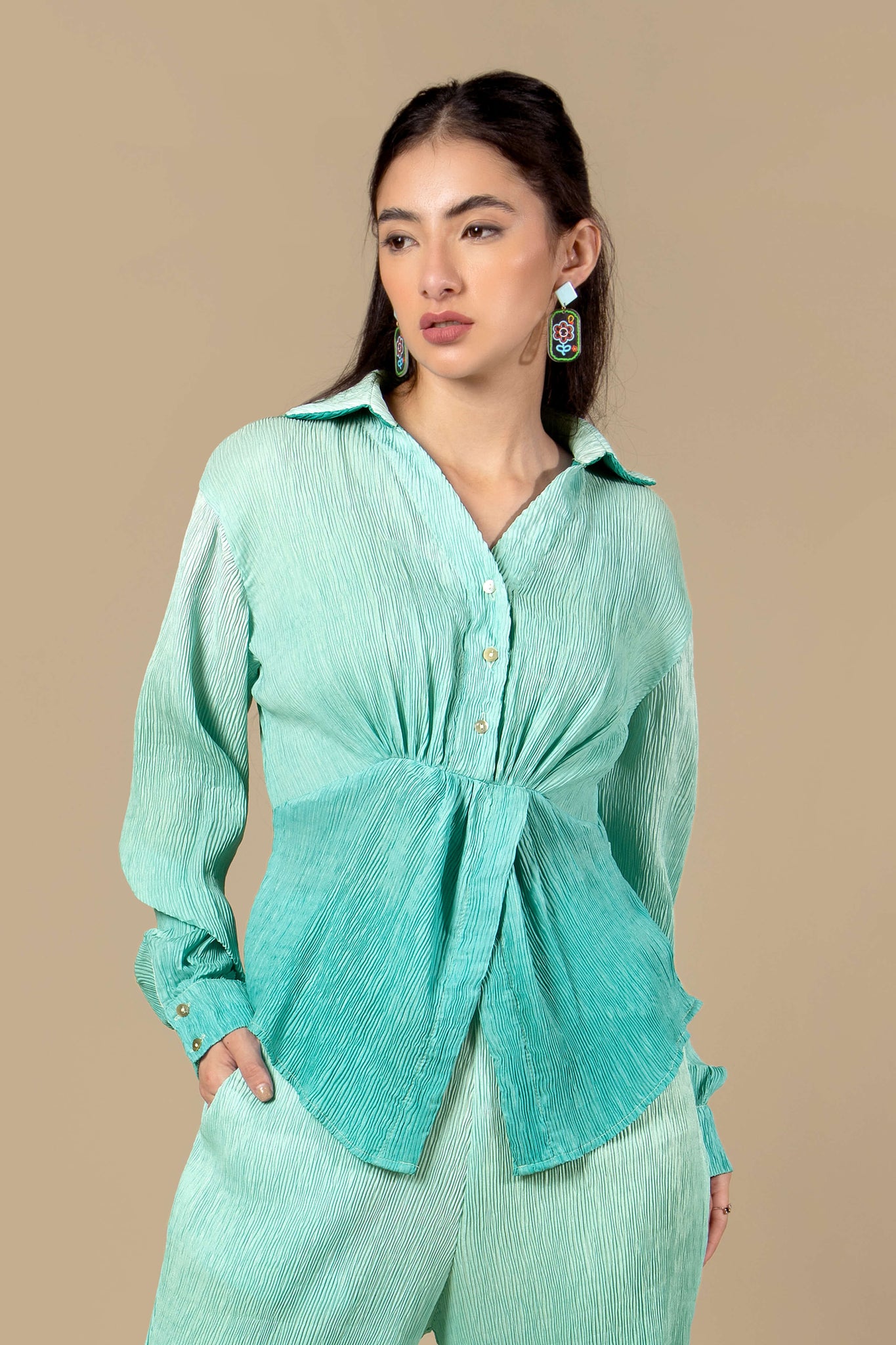 Ombre Pleated Shirt Top For Women