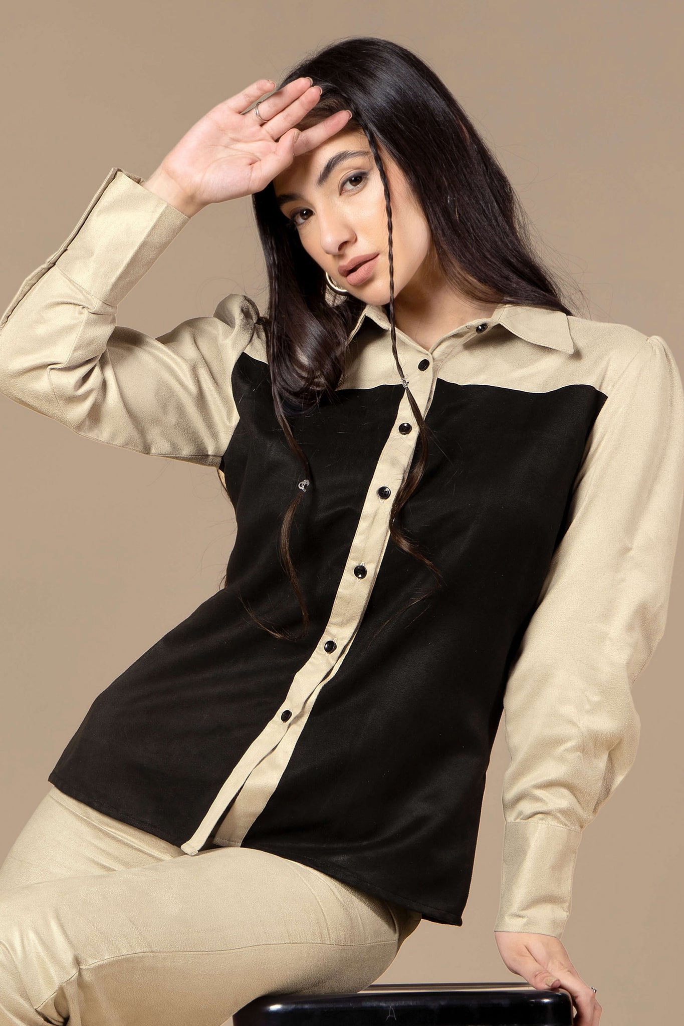 Contrast Suede Casual Shirt For Women