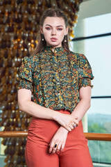 Floral Smocked Cuff Sleeve Ruffle Work Top