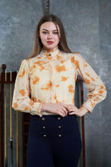Tie & Dye Smocked Cuff Sleeve Ruffle High Neck Top