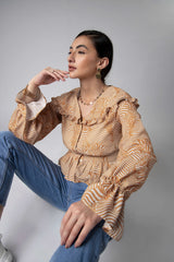 Geometric Flounce Sleeve Ruffle Top