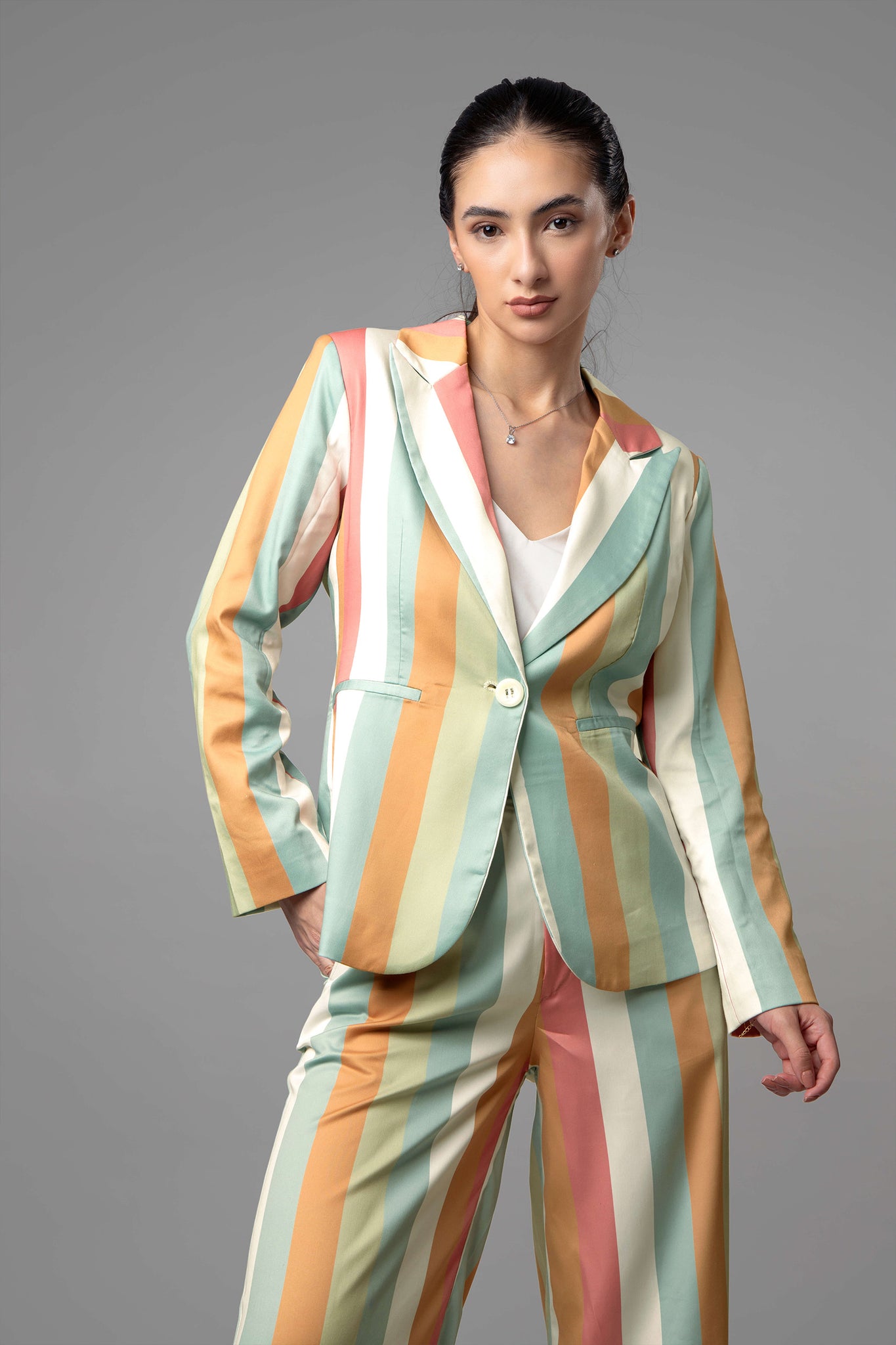 Stripes Notched Collar Luxe Blazer