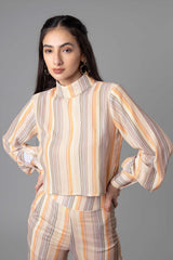 Stripes Flounce Sleeve High Neck Top