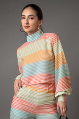 Stripes High Neck Flounce Sleeve Top