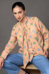 Polka Dot Attached Scarf Shirt